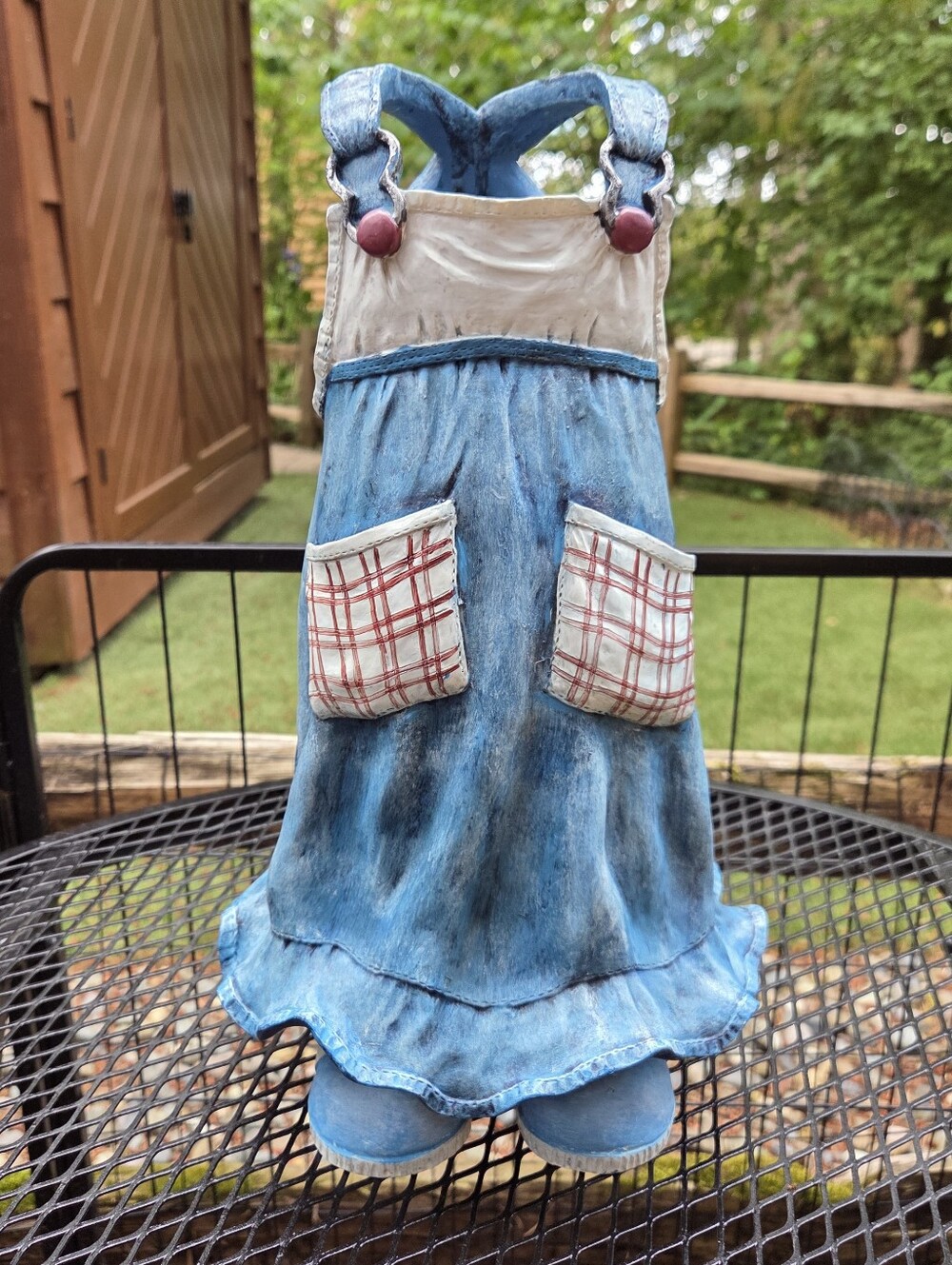 Adorable Kitschy Blue Jean Dress With Plaid Accent Resin Planter ~14 Inches Tall